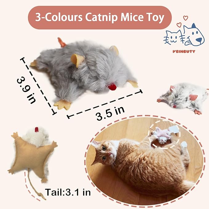 Catnip Cat Mice Toy,3 Pcs Plush Cats Nip Mouse Toys for Teeth Cleaning Chew Kitten Kicker Toy with Crinkle & Bell Cat Interactive Catnip Toys for Indoor Kittens Play Fetch