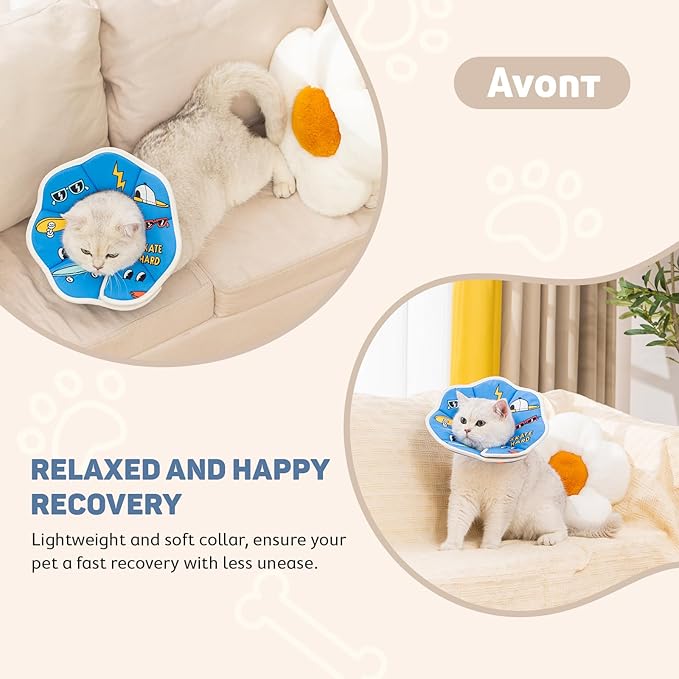 Avont Soft Cat Recovery Cone Collar, Adjustable Lightweight Kitten E-Collar for Small Dogs, Comfortable Neck Donut Stop Licking Scratching After Surgery -Skate(S)