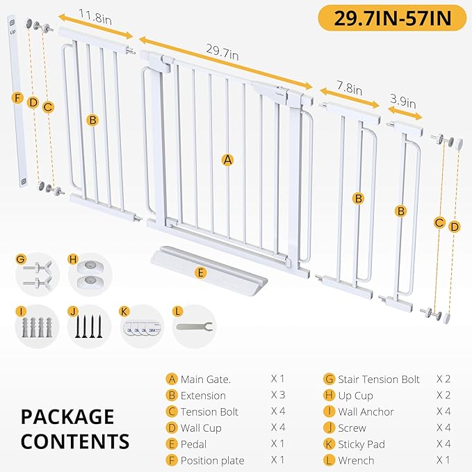 Cumbor 29.7-57" Extra Wide Baby Gate for Stairs, Mom's Choice Awards Winner-Dog Gate for Doorways, Pressure Mounted Walk Through Safety Child Gate for Kids Toddler, Tall Pet Puppy Fence Gate, White