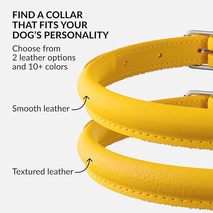 CollarDirect Rolled Leather Dog Collar, Soft Padded Round Puppy Collar, Handmade Genuine Leather Collar Dog Small Large Cat Collars 13 Colors (6 Inch, Yellow Smooth)