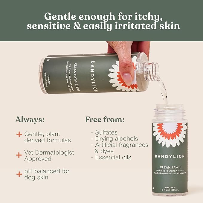 Dandylion Clean Paws Value Set – No‑Rinse Foaming Paw Cleaner with Built‑in Brush + 10 fl oz Refill