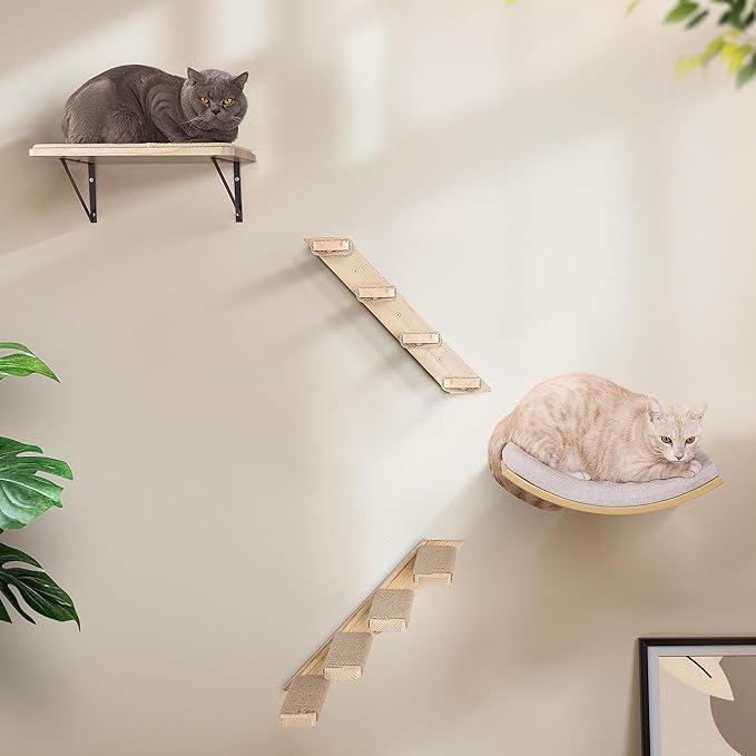 Cat Wall Shelves with Cats Window Perch – 4-Piece Wooden Cat Climbing Furniture Set with Soft Foam Curved Bed, Flat Shelf & 2 Wall 4-Steps Ladders