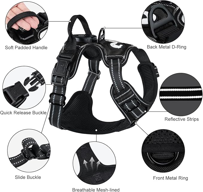 Taglory Light Up Dog Harness, Rechargeable No Pull Dog Vest with 3 Lightning Modes, Reflective Dog Harness with 2 Leash Clips & 4 Adjustable Slide Strips for Large Dogs, Black-Blue, XL