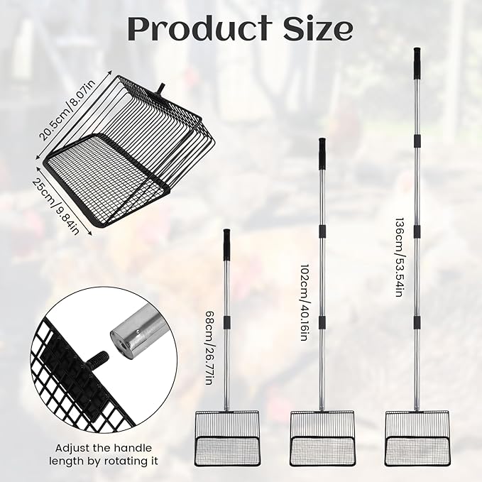 Chicken Poop Scooper for Sand 10 Inch, Chicken Coop Scoop Large Metal with Adjustable Handle, Multifunctional Coop Scoop Rake Set Sifting Shovel, Heavy Duty Pooper Shovel Tool Accessories
