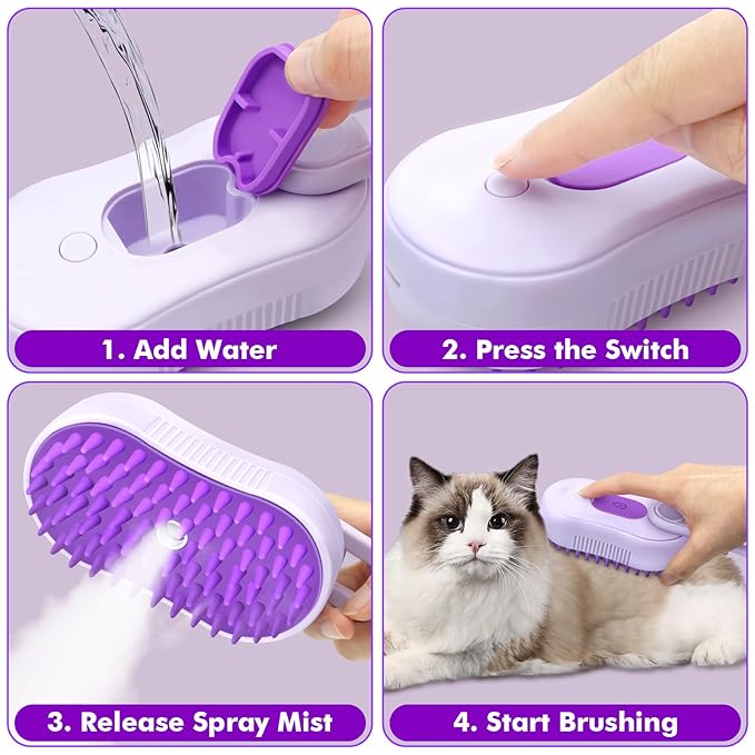 Cat Steam Brush,4 in 1 Rechargeable Pet Steam Brush for Cats and Dog,Anti-Static Cat Spray Brushes, Massage, Cleaning, Shedding and Combing for Long and Short Hair Cats and Dogs