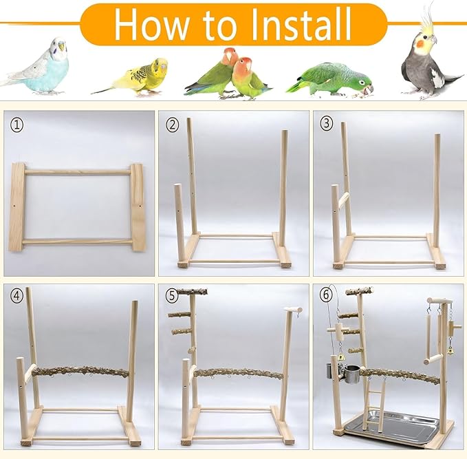 Bird Playground Parrot Playstand Bird Perch Stand Gym Natural Wood Play Stand with Swing Ladder Feeder Cups for Parakeets Cockatiels Lovebirds Conures Budgies