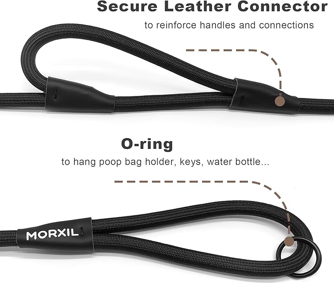 Rope Dog Leash with Two Handles, 6 Foot Heavy Duty Dog Leash with Aviation Aluminum Auto Locking Carabiner, Strong Nylon Pet Lead for Small, Medium, Large Dogs (Black, 6FT-Two Handle)