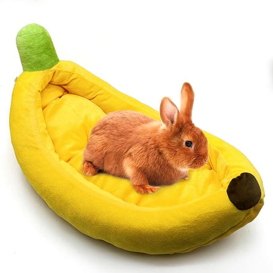 Bunny Bed,Rabbit Bed,Thick&Soft with Removable Mat,Machine Washable Guinea Pig Cushion,Cozy Bunny Plush House,Warm Small Animal Sleeping Beds(Yellow Banana Shape-M)