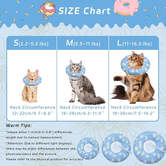 Cat Cone Collar Soft, Adjustable Cat Recovery Collar Kitten Cones to Stop Licking, Cute Donut E Collar After Surgery, Anti-Lick Wound Healing Elizabethan Collar for Kitten (Blue Daisy, Small)