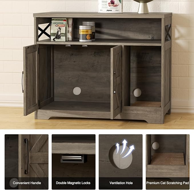 Cat Litter Box Enclosure, Hidden Litter Box Furniture with Scratch Pad, Farmhouse Indoor Cat House Washroom End Table, Grey