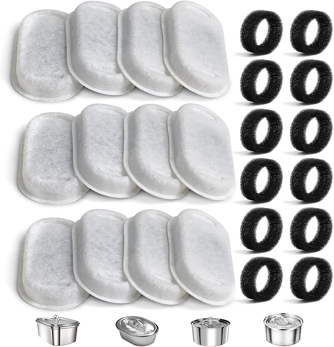 Cat Water Fountain Filter Compatible with Stainless Steel Dispenser, Efficient Filtration with Coconut Shell Activated Carbon and Fresh Water (12 Filters+12 Sponges)