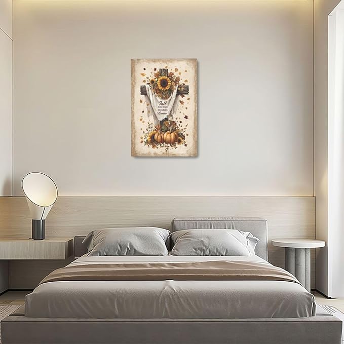 Christian Fall Wall Art Autumn Rustic Cross Sunflower Pumpkin Wall Decor Fall for Jesus He Never Leaves Pictures Painting Print Framed Artwork Decorations Gifts for Living Room Bedroom Prayer Room Office 16"x24"