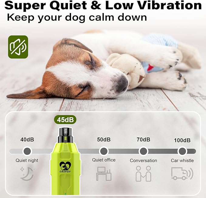 Casfuy 6-Speed Dog Nail Grinder - Newest Enhanced Pet Nail Grinder Super Quiet Rechargeable Electric Dog Nail Trimmer Painless Paws Grooming & Smoothing Tool for Large Medium Small Dogs (Green)