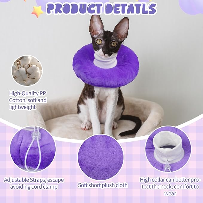 BRKURLEG Cat Recovery Collar Soft Cat Cones Pet Neck Protector Adjustable Kitten Cones to Stop Licking After Surgery Pet Elizabethan Collar for Cats Kittens, Purple, L