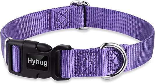 Hyhug Pets Solid Color Classic Regular Soft Nylon Basic Collar for Medium Breeds Dogs, Unique Design Adjustment Triglide Slide (Buckle) Can Attached Name Tag Accessories. (Medium, Ultra Violet)