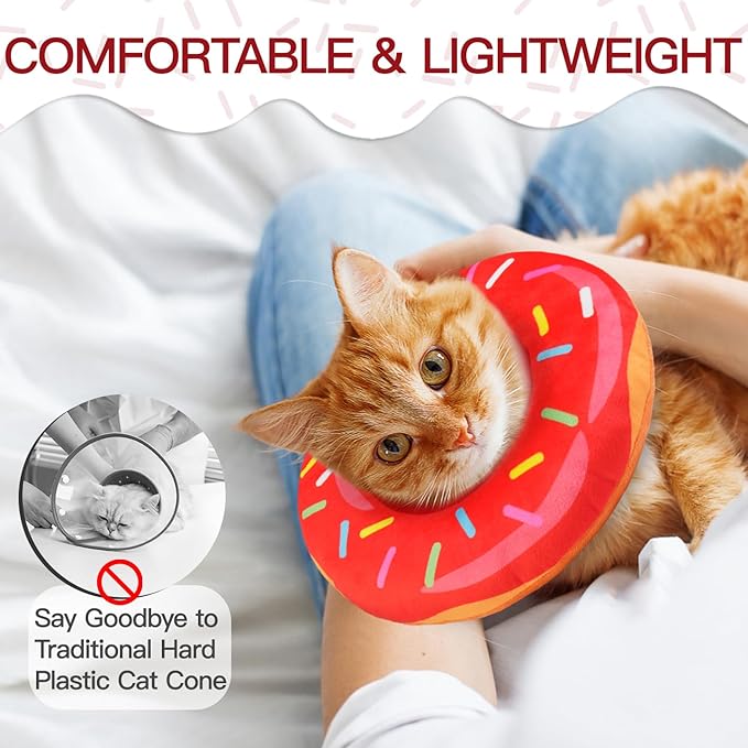 Cat Cone Collar Soft, Cute Cat Donut Collar After Surgery, Adjustable Kitten Recovery Cones to Stop Licking, Lightweight Neck Elizabethan Collars for Cats Kittens (Red, Small)