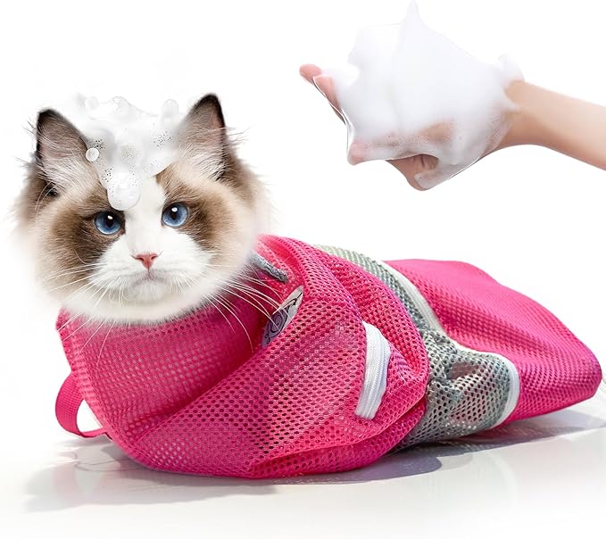 Cinf Cat Bathing Bag, Breathable Mesh Anti Scratch Adjustable Cat Grooming Bag for Nail Trimming, Bathing Soft Cat Washing Bag(Pink) M