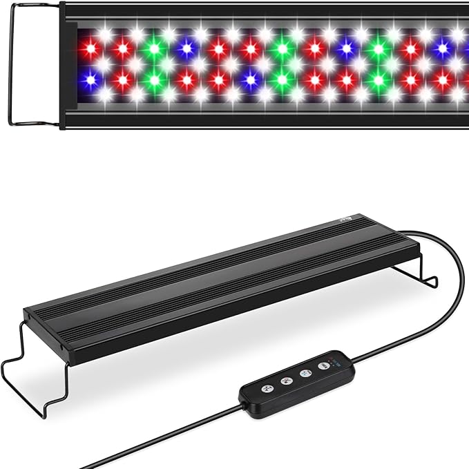 AQQA Full Spectrum Aquarium Light,Fish Tank Lights for Plant Growth Fish Viewing,3 Mode White Blue Red Green LED Beads,Timer,Adjustable Brightness,Extendable Brackets for Freshwater 26W for 32-40inch