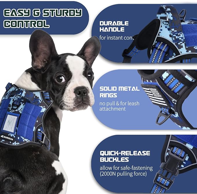 BUMBIN Tactical Dog Harness for Small Dogs No Pull, Famous TIK Tok No Pull Puppy Harness, Fit Smart Reflective Pet Walking Harness for Training, Adjustable Dog Vest Harness with Handle Blue Camo XS