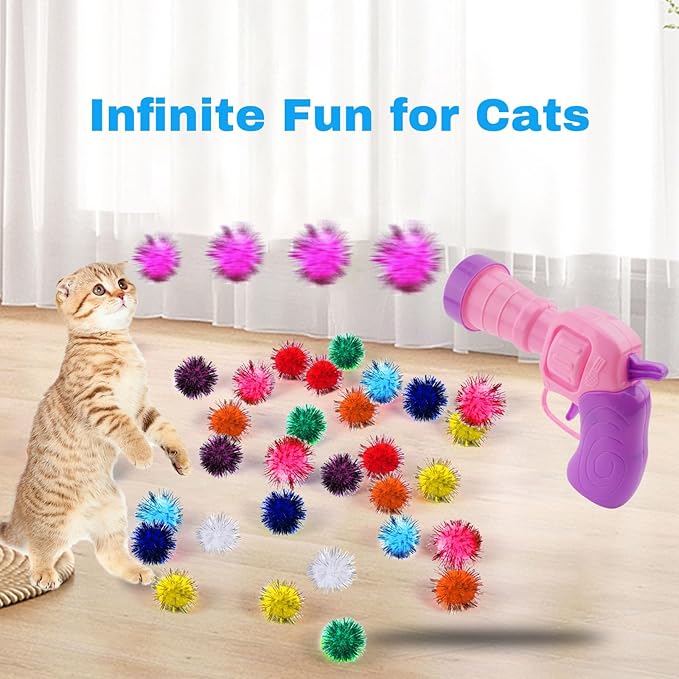 102Pcs Cat Toy Gun Launcher - 100 Sparkle Pom Pom Balls and 2 Ball Launchers, Interactive Fetch Toy Shooter for Indoor Cats and Kitty