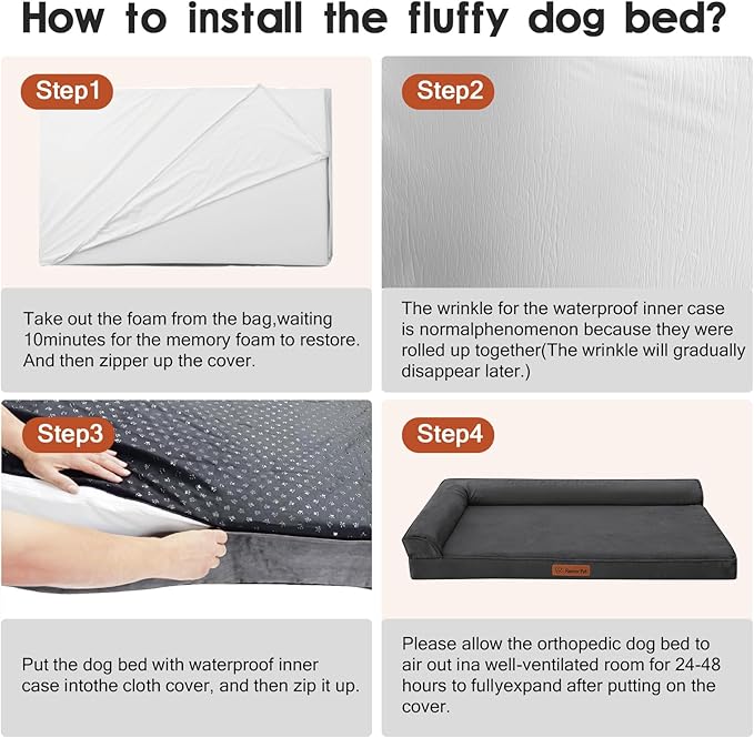 Chew Proof Dog Bed, 3" Memory Foam Dog Bed for Medium and Large Dogs, Removable and Washable Microsuede Cover, Waterproof Liner, Nonskid Bottom, 44x32, XXL Dark Grey