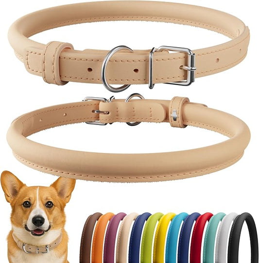 CollarDirect Rolled Leather Dog Collar, Soft Padded Round Puppy Collar, Handmade Genuine Leather Collar Dog Small Large Cat Collars 13 Colors (11-14 Inch, Beige Smooth)
