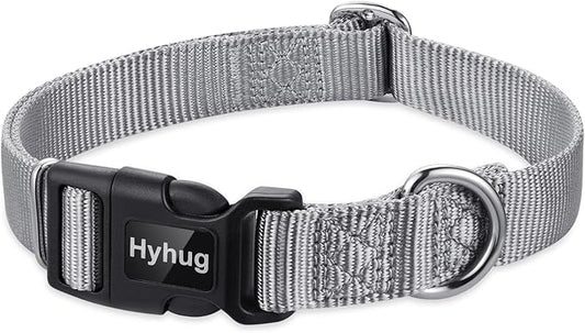 Hyhug Pets Solid Color Classic Regular Heavy Duty Basic Collar for Large Breeds Dogs, Unique Design Adjustment Triglide Slide (Buckle) Can Attached Name Tag Accessories. (Large, Sleet Gray)