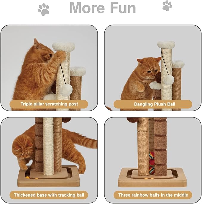 Cat Scratching Post Premium Natural Sisal Jute Carpet 3 Scratch Posts with Interactive Track Ball Base and Hanging Balls Toys Kitten Scratcher for Indoor Kittens and Small Cats