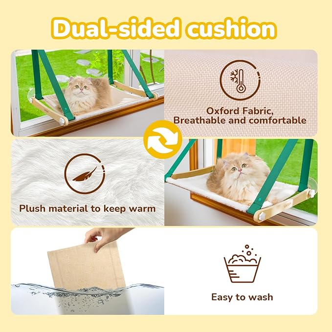 CATISM Cat Window Perch Foldable - Cats Hammock for Window, 2 in 1 Cat Window Hammock Bed for Indoor Cats, Cat Perch with Sturdy Screw Suction Cups for Kittens (Green)