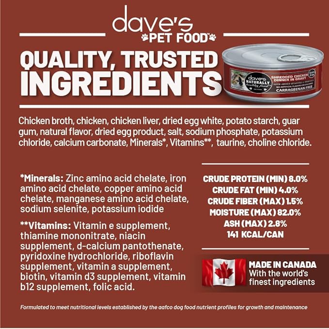 Dave's Pet Food Grain Free Wet Cat Food (Shredded Chicken in Gravy), Made in Canada Naturally Healthy Canned, Added Vitamins & Minerals, Wheat & Gluten-Free, GMO-Free, 5.5oz (24 Pack)