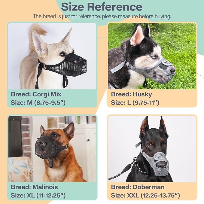 LUCKYPAW Dog Muzzle for Large Medium Small Dogs, Patented Mesh Muzzle to Prevent Biting Chewing Eating, Soft Mouth Guard with Front Opening Design for Drinking Panting(Grey, M)