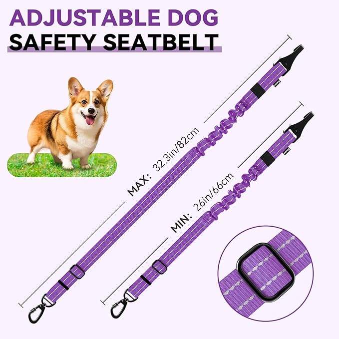 Pawaboo 2Pack Dog Seatbelt for Car, Dog Car Seat Belt Bungee, Shockproof Dog Tether for Car with Buckle & Hook Latch, Adjustable Reflective Dog Car Harness Leash with 360° Lockable Buckle, Purple