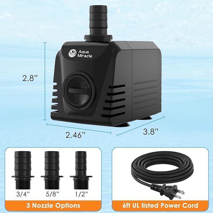 AquaMiracle Submersible Water Pump Aquarium Water Pump with Flow Control, Pond Pump Fountain Pump for Pond, Fountain, Waterfall, Statuary, Water feature, Hydroponics (400GPH, 25W)