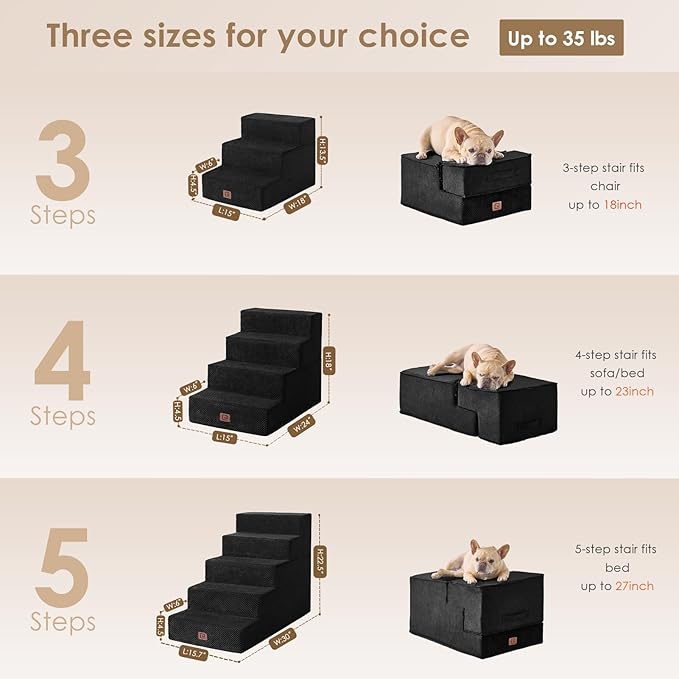 EHEYCIGA Dog Stairs for Small Dogs 13.5" H, 3-Step Dog Steps for Couch Sofa and Chair, Pet Steps for Medium Cats, Non-Slip Balanced Pet Ramp Indoor, Black