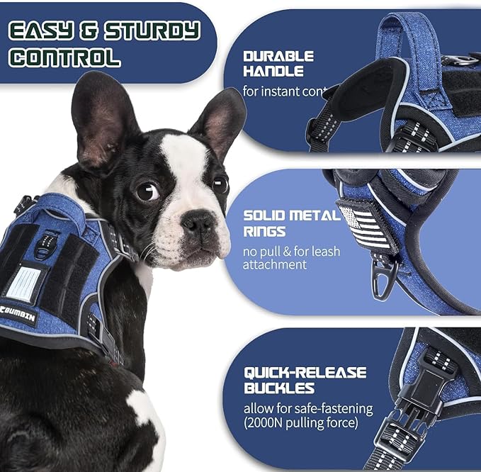 BUMBIN Tactical Dog Harness for Small Dogs No Pull, Famous TIK Tok No Pull Puppy Harness, Fit Smart Reflective Pet Walking Harness for Training, Adjustable Dog Vest Harness with Handle Denim Blue XS