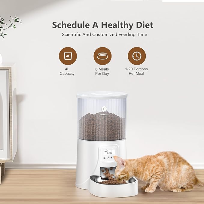 Automatic Cat Feeder: 4L Timed Cats Food Dispenser Programmable 1-6 Meal for Cat and Small Medium Dog- Auto Pet Feeder Dual Power Supply with Stainless Steel& | Detachable Washable White