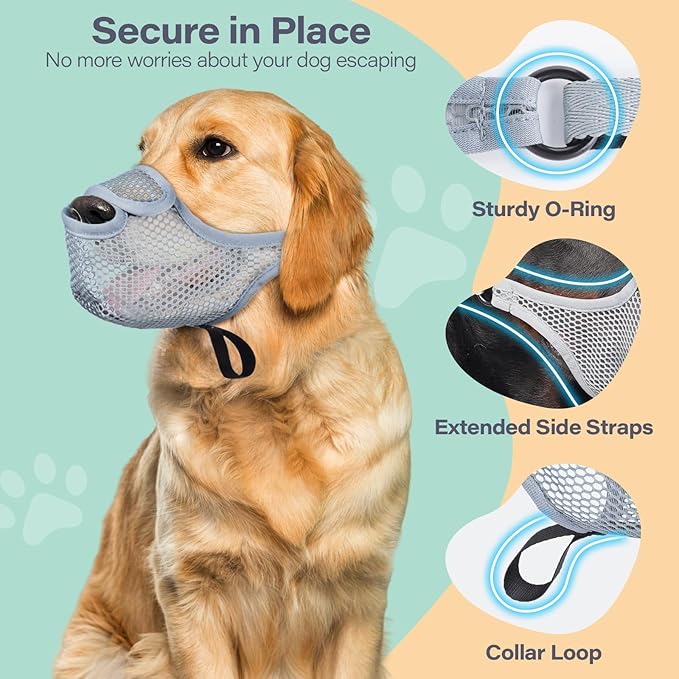 LUCKYPAW Dog Muzzle for Large Medium Small Dogs, Patented Mesh Muzzle to Prevent Biting Chewing Eating, Soft Mouth Guard with Front Opening Design for Drinking Panting(Grey, M)