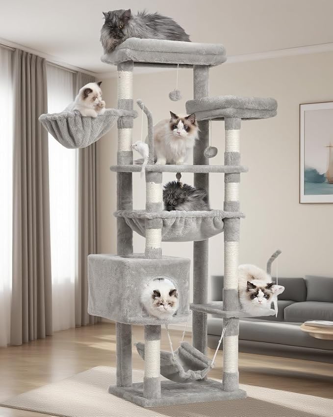Cat Tree, Cat Tower for Large Cats with 2 Big Platforms, 2 Baskets, condo and Toys, 63" Cat Scratching Posts for Indoor Cats, Light Gray GCT020W