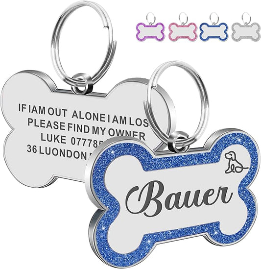 Dog Tags Personalized for Pets Dog Name Tags Personalized Dog Tag Engraved with Any Name & Text Custom Dog ID Tags Glitter Bone ID Tag for Puppy Cat (Blue L, Bone)