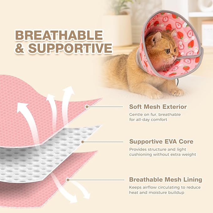 Avont Cat Cone Collar Soft to Stop Licking, Adjustable Foldable Lightweight Kitten Recovery Collar After Surgery for Small Dogs, Elizabeth Cone of Shame Alternative -Strawberry(M)
