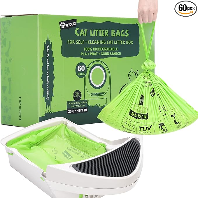 Biodegradable Cat Litter Liner Bags Compatible with LR 3, 4 and Most Self-Cleaning Litter Boxes, 60 Count Kitty Automatic Waste Drawer Liners, Drawstring Pet Compostable Replacement Poop Bags