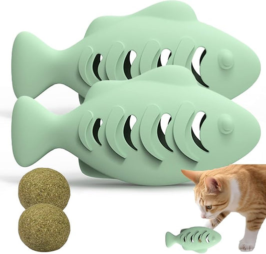 Cat Toys for Indoor Cats, Fish Shaped Chew Catnip Toys for Teeth Cleaning, Food Grade Silicone Cat Enrichment Toy, Interactive Kitten Teething Toys with 1 Cat Nip Ball, 2 Pcs