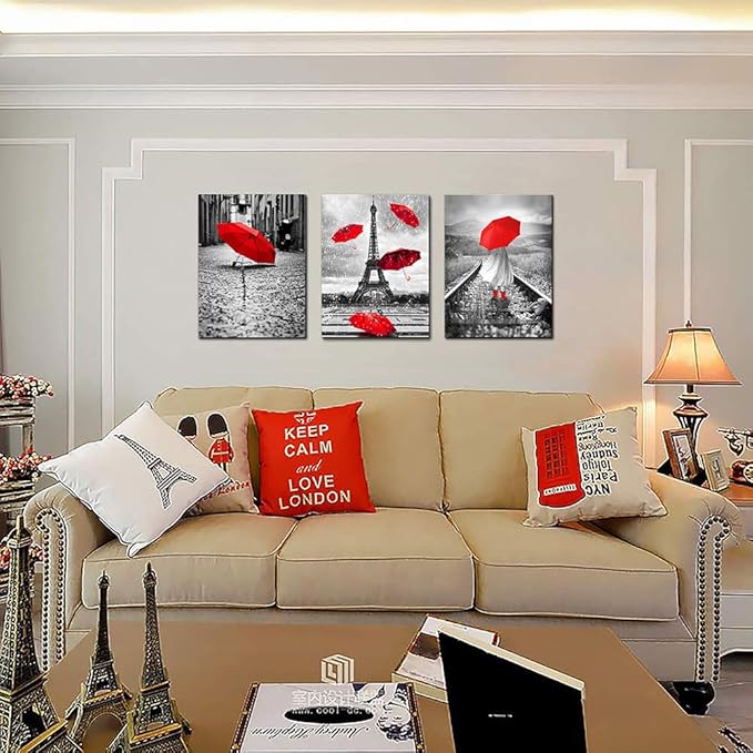 Black and white landscape Eiffel Tower 3 Piece Wall Art for Living Room Bathroom Decorations Kitchen Wall decor modern red umbrella Poster Canvas Print Office Bedroom Home Decoration wall paintings