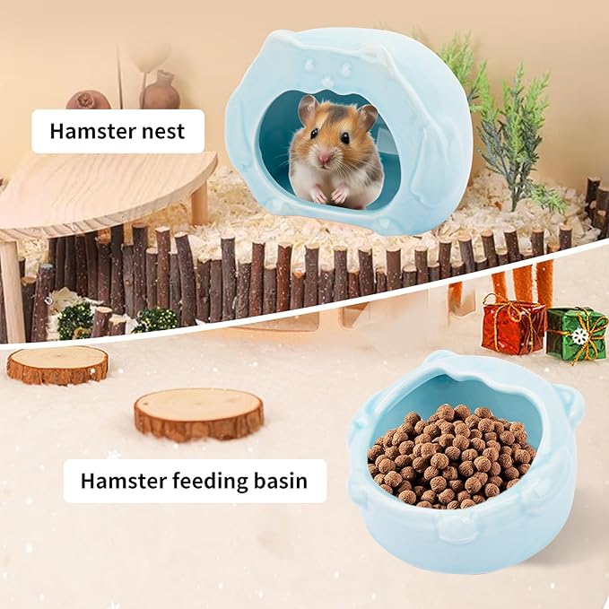 Bear-Shaped Hamster Hideout & Food Bowl Set - Ceramic Habitat for Syrian Dwarf Hamsters, Mice, Gerbils - All-Season Use, Chew-Proof Ceramic House and Feeding Dish for Small Pets(Blue)