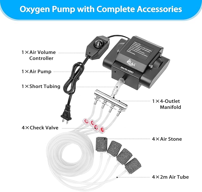 AQQA Powerful Aquarium Air Pump Adjustable Fish Oxygen Aerator Pump for Basement Aquarium Ponds Hydroponic 4 Outlets Commercial Air Pump Bubbler with Accessories for Fish Tank Up to 600Gal(10W,237GPH)
