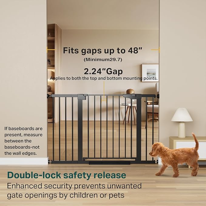 Cumbor 29.7-48" Baby Gate for Stairs, Mom's Choice Awards Winner-Dog Gate for Doorways, Auto Close Safety Pet Gate for Dogs Indoor, Easy Install Pressure Mounted Child Gate with Walk Thru Door, Black