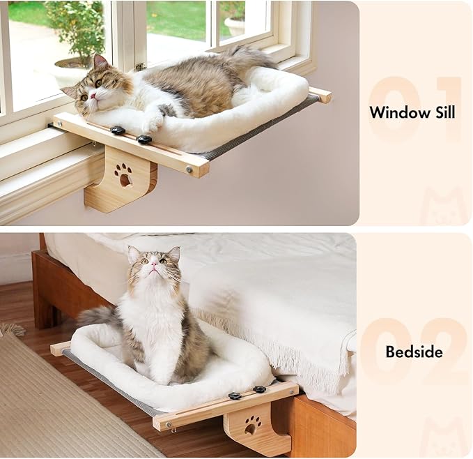 AMOSIJOY Cat Sill Window Perch Sturdy Hammock Window Seat with Cushion Bed Cover, Wood & Metal Frame for Large Cats, Easy to Adjust Cat Bed for Windowsill, Bedside, Drawer and Cabinet (M)