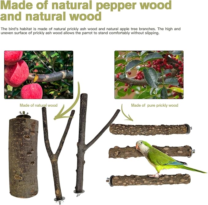 Bird Toys, Natural Parrot Toys for Small Macaws, Budgies, Lovebirds, Finches, Small and Medium Sized Birds Peppercorn Wood Apple Tree Perch Wood Set