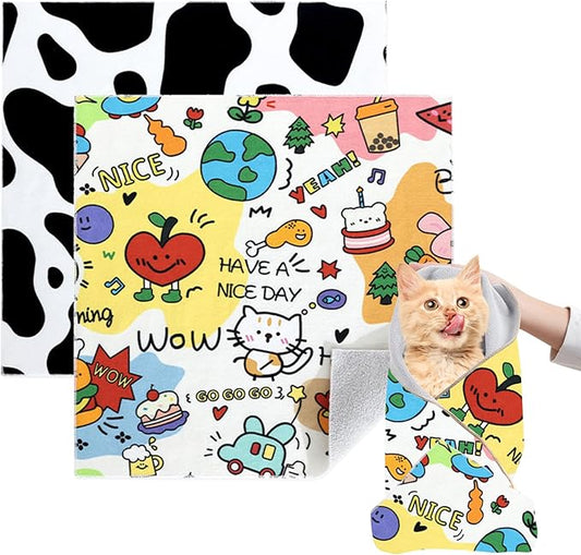 Cat Grooming Wrap, 2pcs [XL] Cat Restraint Wrap for Nail Clipping, Ear Cleaning, and Teeth Brushing, Self-Adherent, Anti-Bite, Anti-Scratch, Anti Scratch, Cow White+Colorful Graffiti