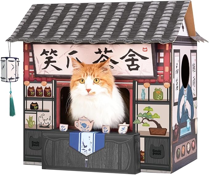 Cat Beds for Indoor Cats, Cardboard House with Scratchers, Tea House, Large Sturdy Cat Furniture Condo Cave Tent, Easy to Assemble Pet Toys Accessories Stuffs, Bunny Small Animals